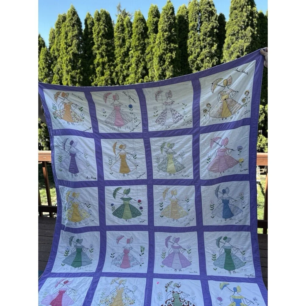 Vintage Handmade embroidered friendship quilt with Sun Bonnet Girls. 77” X 95”